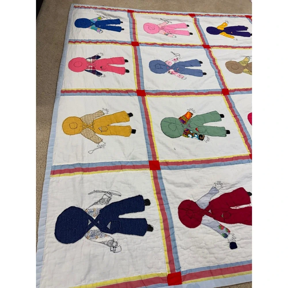 Vintage Handmade Sunbonnet Sue Overall Sam Applique Quilt Multi Color 86x68